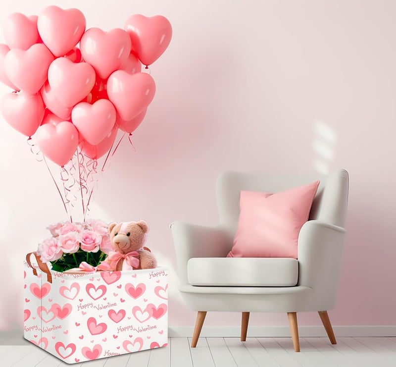 CLOCOR Rectangular Pink Valentines' Gift Basket Collapsible Cute Pattern Storage Bin,Waterproof Books Box with Handles,Storage Basket(Pink Happy Valentine) - Image 2